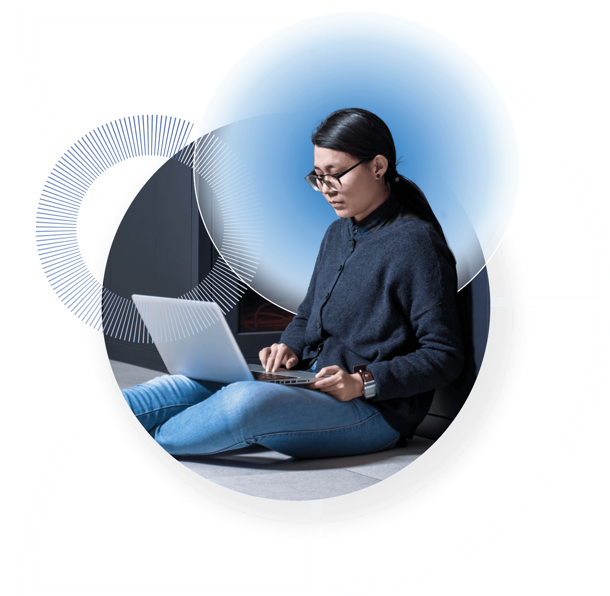 A young woman with the Matrix Aura around her, sitting on the floor against a server cabinet, typing on her laptop.